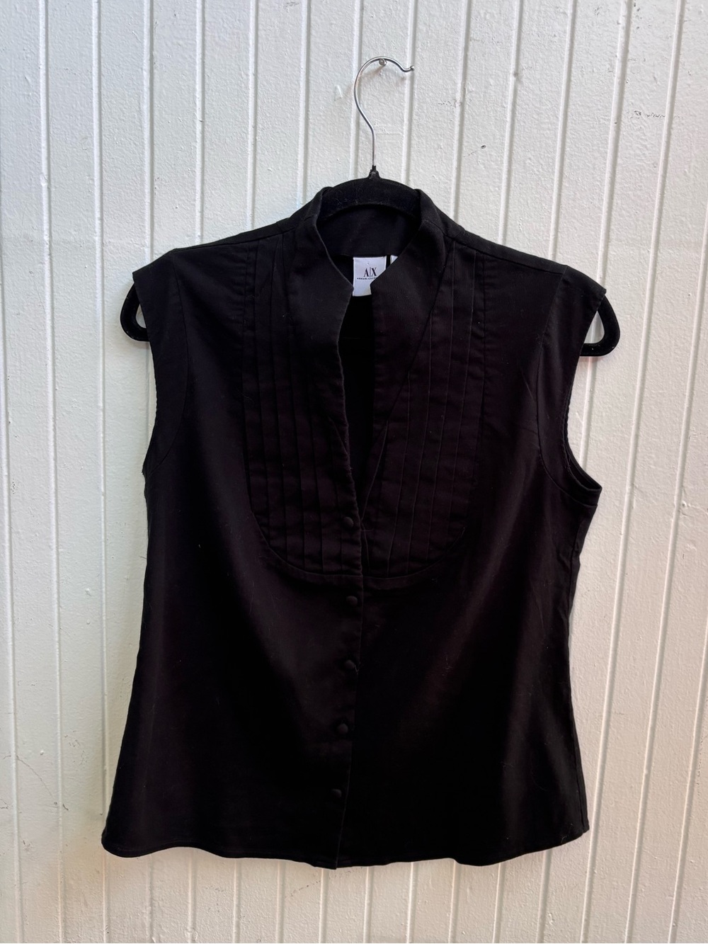 Armani Exchange Black Sleeveless Pintuck Button-Front Blouse